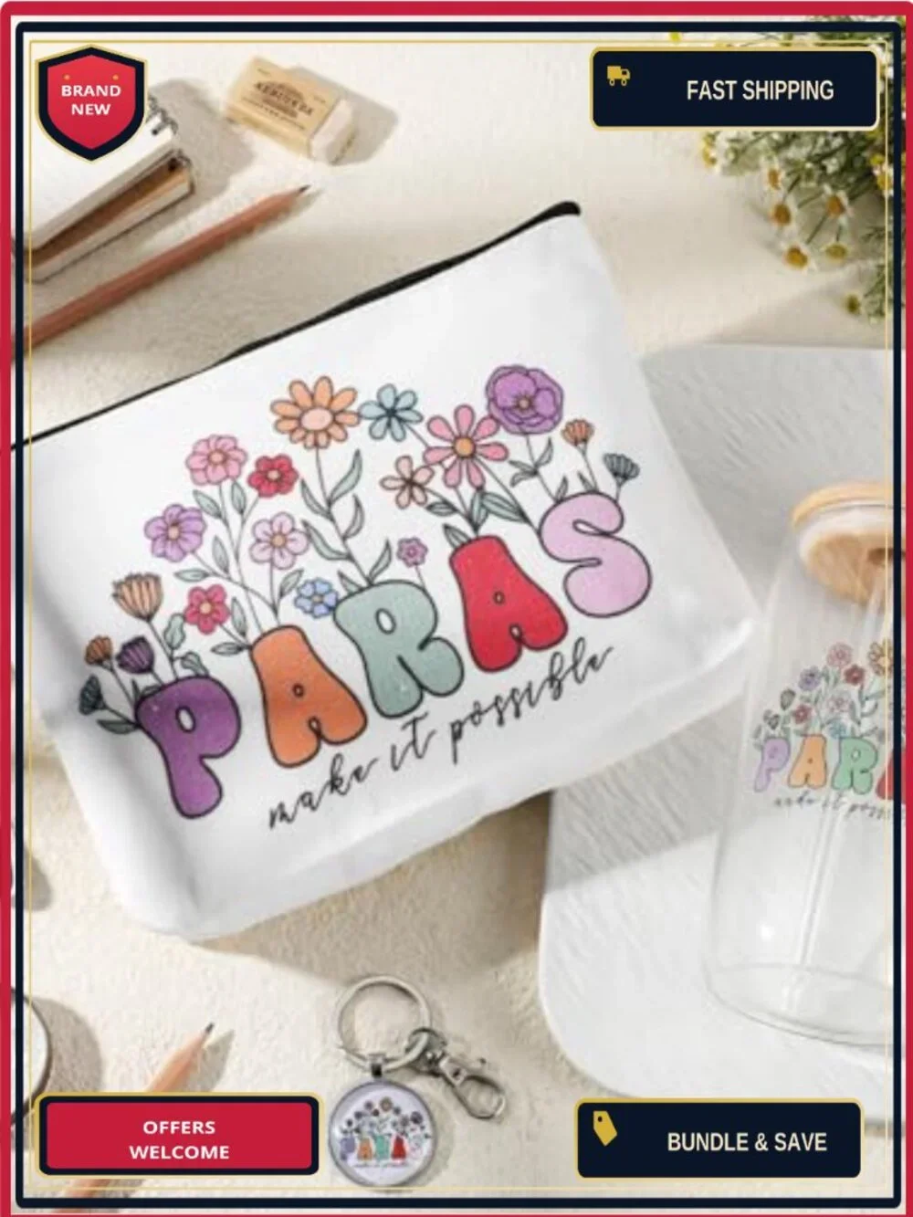 Canvas Makeup Bag with Glass Cup and Keychain Gift Set
